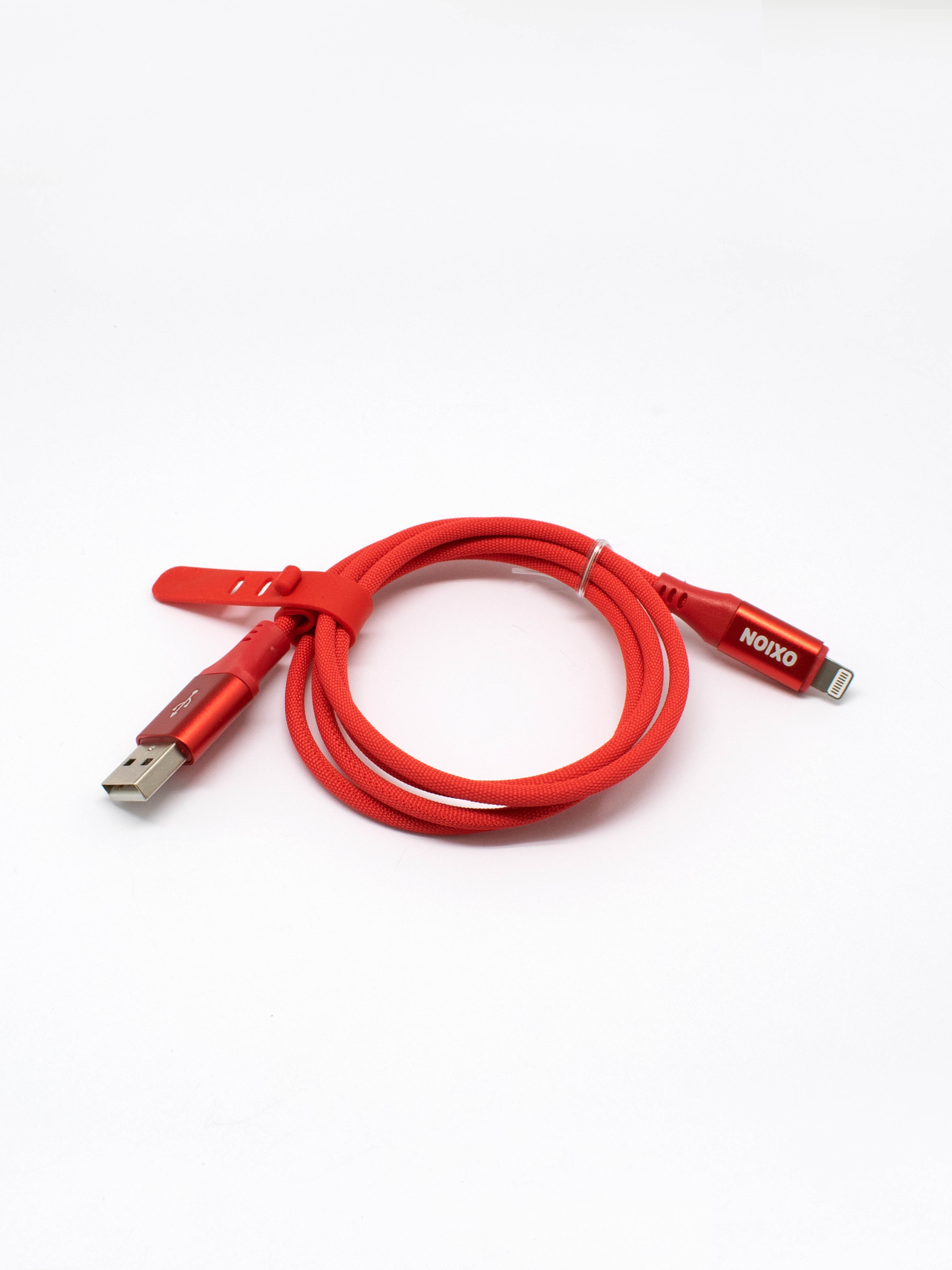 Кабель для быстрой зарядки iPhone USB 2.0(M) – Lightning 1м красный в оплётке со стяжкой Oxion OX-DCC334RD